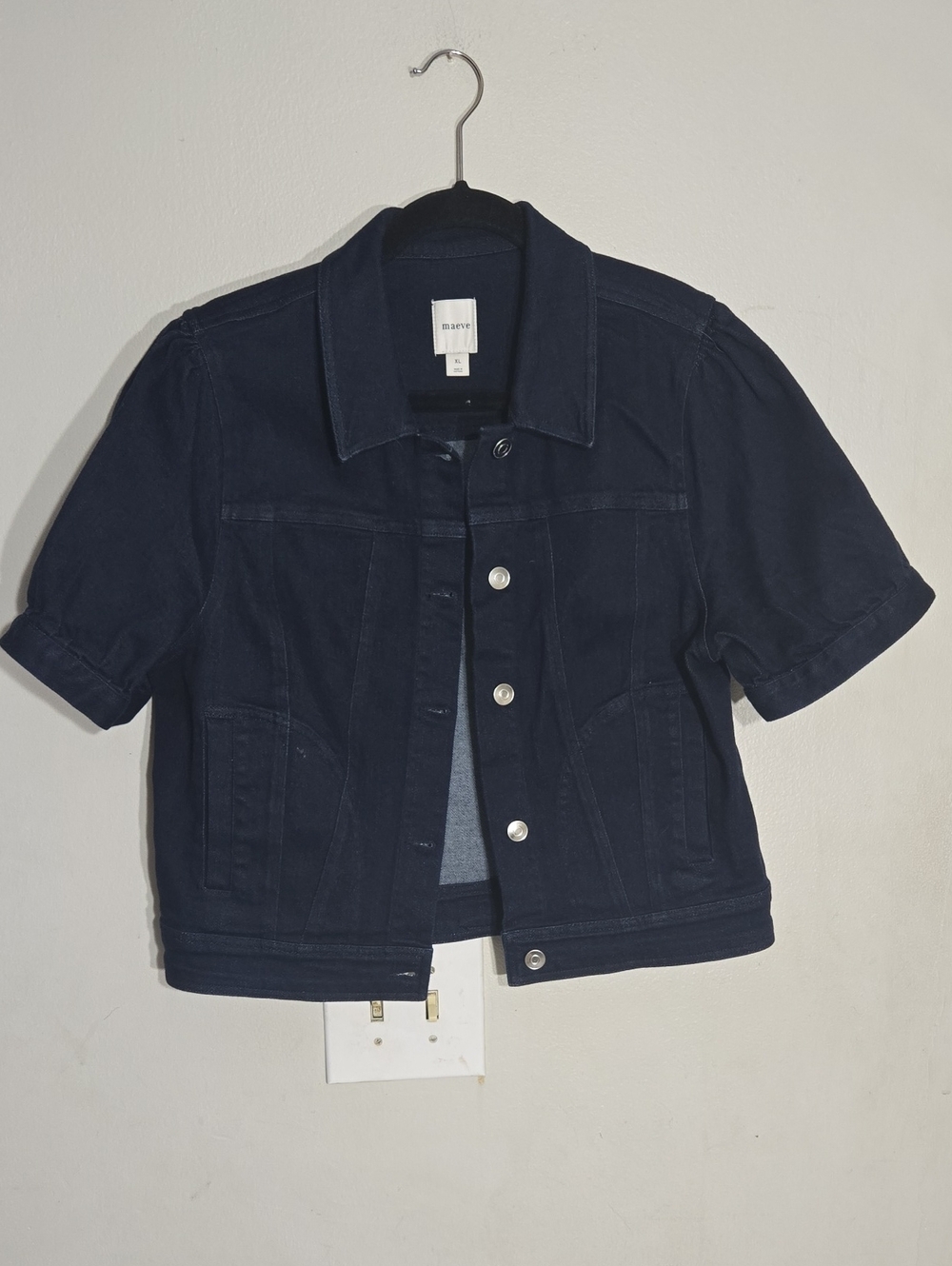 Maeve Dame Puff-Sleeve Crop Denim Jacket Anthropologie Size XL Dark Blue